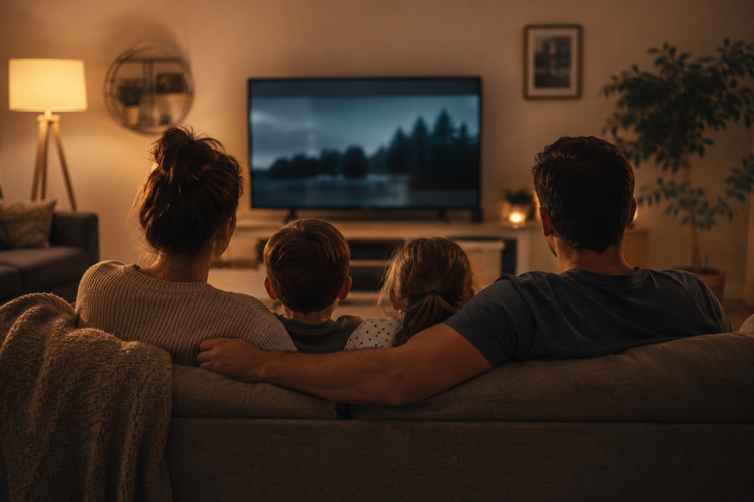 Family together at home watching TV from behind